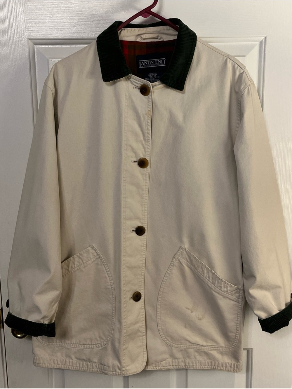 Vtg LLBean Chore Jacket Corduroy Collar Workwear Barn Coat USA Plaid Liner Med